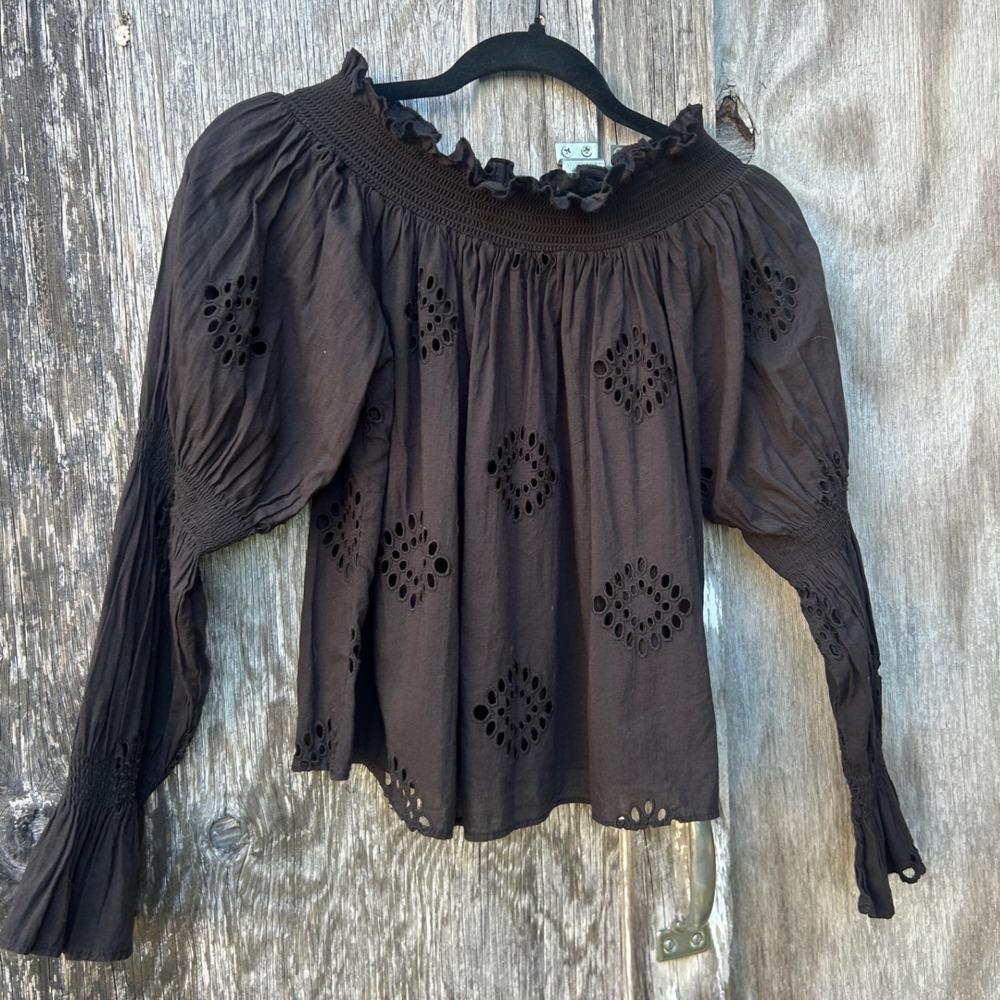 Black Eyelet Blouse Peasant Witch Boho Smocked Puff Sleeve Size M